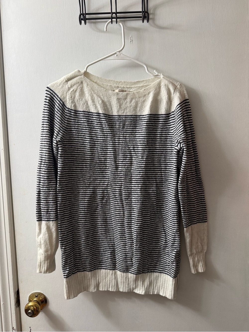 LOFT Navy and Cream Striped Crew Neck Sweater
